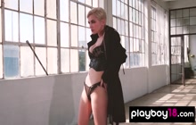 Short haired blondie Skye Blue showing her bombastic natural boobs
